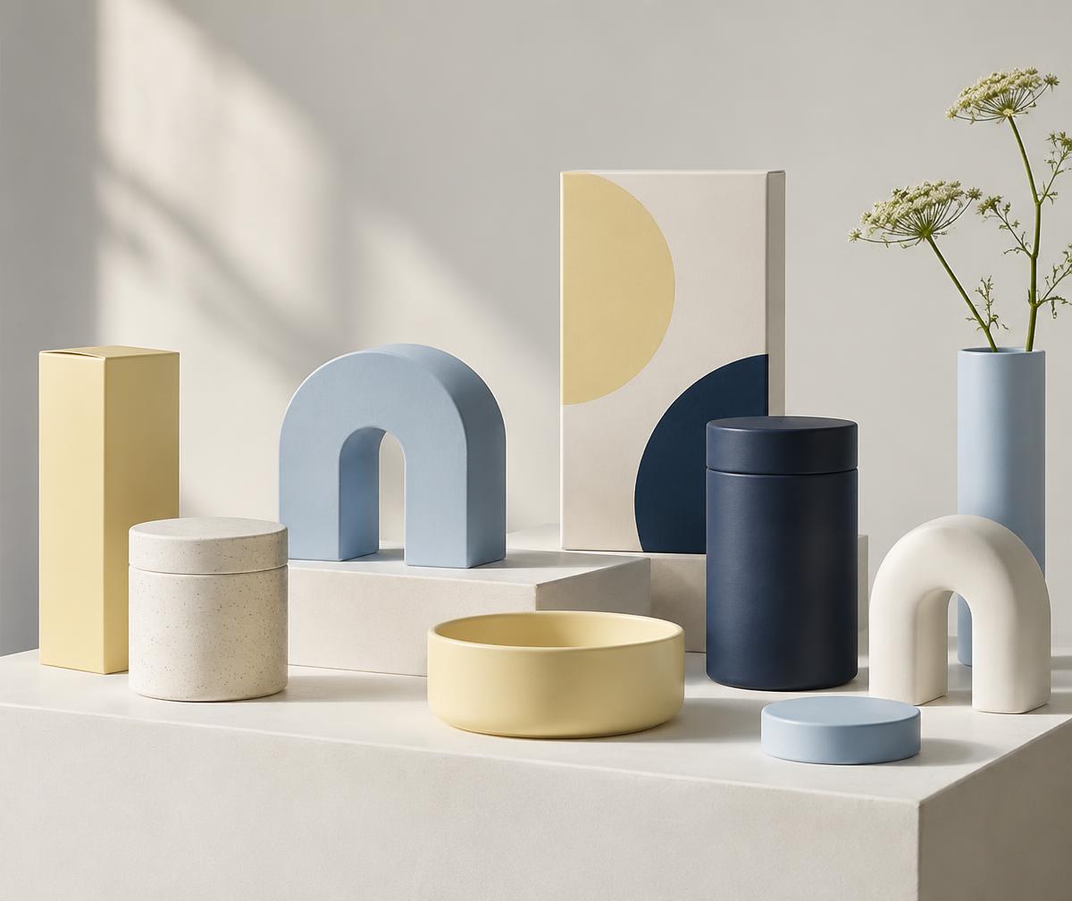 Minimal ceramic objects and packaging in yellow, blue, and white